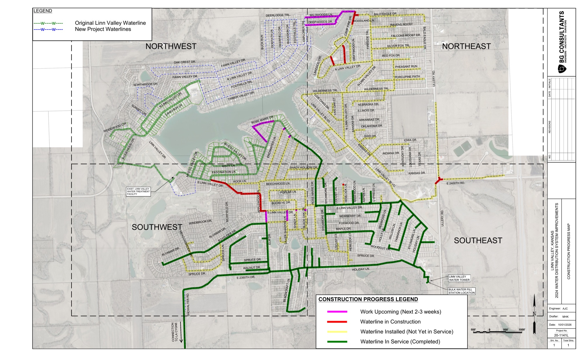 Construction progress map of Linn Valley showing waterlines by status: in service, installed but not yet active, under construction, and upcoming. Updated October 1, 2026.