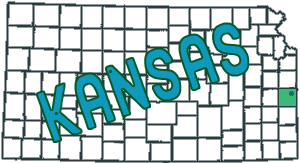 Outline map of Kansas with a star marking Linn County in the southeast corner of the state.